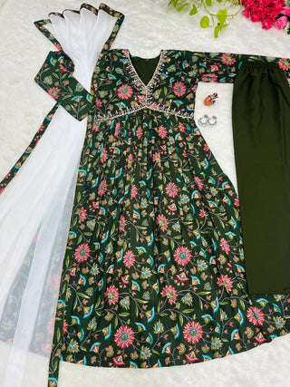 cotton-aliya-cut-gown-pant-dupatta-with-print-hand-made-glass-mirror-work-color-green-1