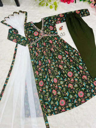 cotton-aliya-cut-gown-pant-dupatta-with-print-hand-made-glass-mirror-work-color-green-2