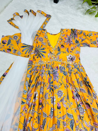 cotton-aliya-cut-gown-pant-dupatta-with-print-hand-made-glass-mirror-work-color-yellow-2