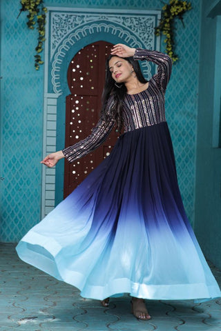 Navy Blue Color Faux Georgette Fairy Gown With Sequins And Digital Print