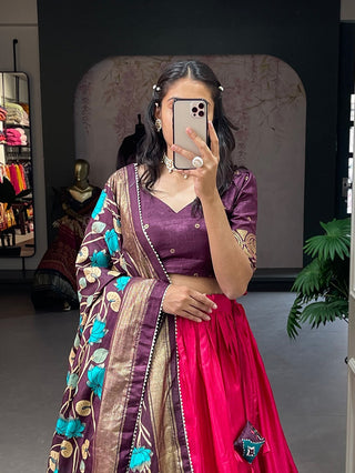 dola-silk-lehenga-blouse-dupatta-set-with-foil-print-lace-border-work-pink-purple-2