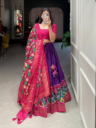 dola-silk-lehenga-blouse-dupatta-set-with-foil-print-lace-border-work-pink-purple