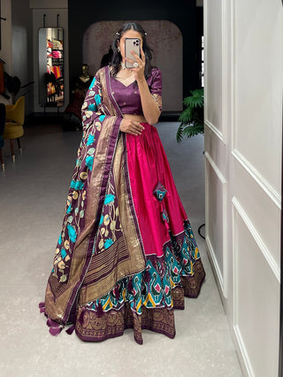 dola-silk-lehenga-blouse-dupatta-set-with-foil-print-lace-border-work-pink