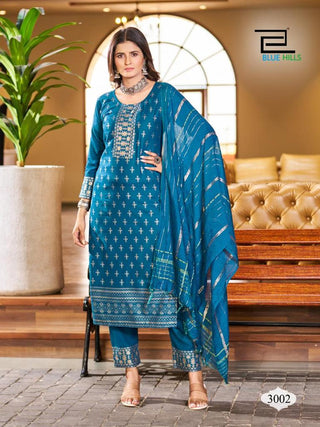 Rama Blue Color Rayon Salwar kameez Set With Printed Butta Work