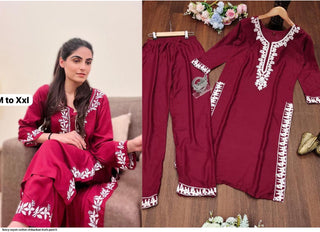 Maroon  Color Stylish Embroidered Chikankari Work Kurti And Pant