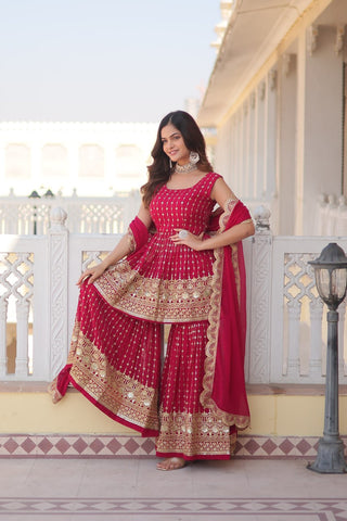 Analyzing image    faux-georgette-kurti-gharara-dupatta-suit-with-sequins-thread-embroidery-work-color-red-1