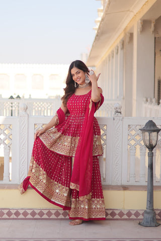 faux-georgette-kurti-gharara-dupatta-suit-with-sequins-thread-embroidery-work-color-red-3