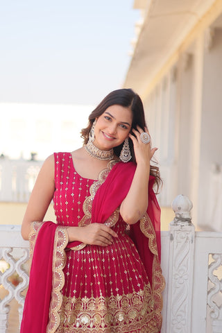 Analyzing image    faux-georgette-kurti-gharara-dupatta-suit-with-sequins-thread-embroidery-work-color-red-4