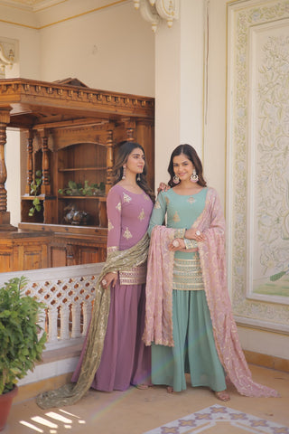 faux-georgette-kurti-plazzo-dupatta-set-with-sequins-thread-embroidery-work-2
