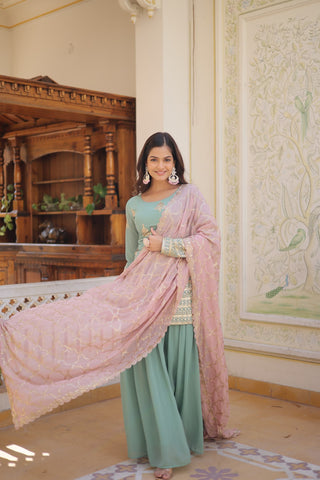 faux-georgette-kurti-plazzo-dupatta-set-with-sequins-thread-embroidery-work-color-green-1