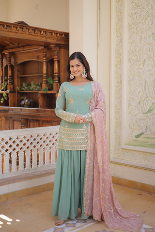 faux-georgette-kurti-plazzo-dupatta-set-with-sequins-thread-embroidery-work-color-green-3