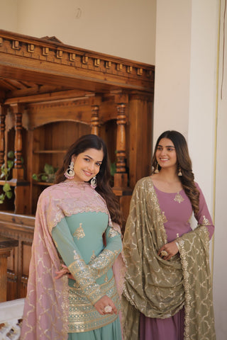 faux-georgette-kurti-plazzo-dupatta-set-with-sequins-thread-embroidery-work