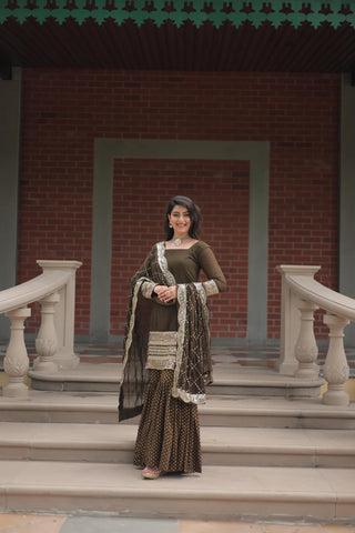 faux-georgette-kurti-sharara-dupatta-set-sequins-thread-embroidery-work-color-mehendi-1