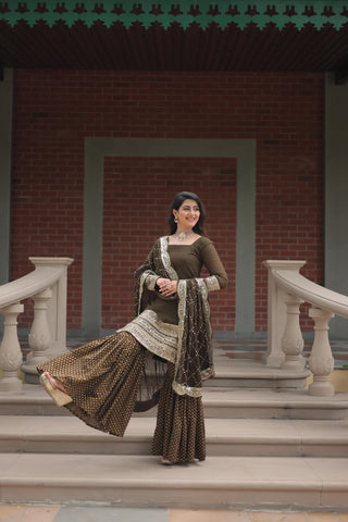 faux-georgette-kurti-sharara-dupatta-set-sequins-thread-embroidery-work-color-mehendi-2