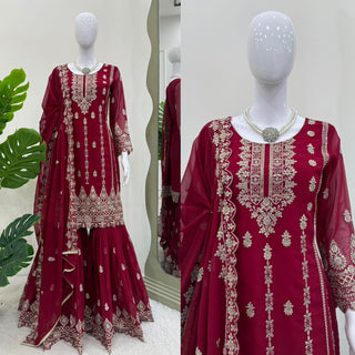faux-georgette-kurti-sharara-dupatta-set-with-thread-sequence-work-color-red-14