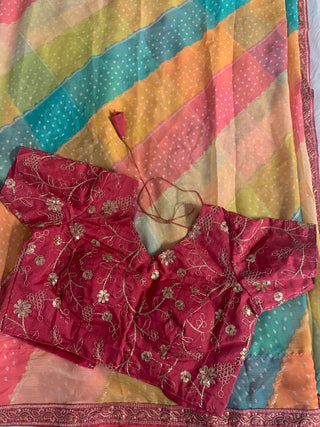 Multi Color Chiffon Saree With foil Print And Embroidered Sequins Border And Embroidered Blouse