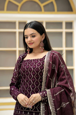 georgette-kurti-sharara-dupatta-set-with-zigzag-line-sequins-thread-embroidery-work-color-wine-2