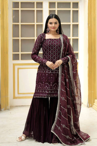 georgette-kurti-sharara-dupatta-set-with-zigzag-line-sequins-thread-embroidery-work-color-wine-5