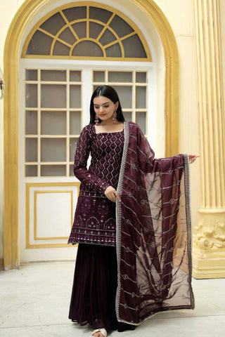 georgette-kurti-sharara-dupatta-set-with-zigzag-line-sequins-thread-embroidery-work-color-wine-6