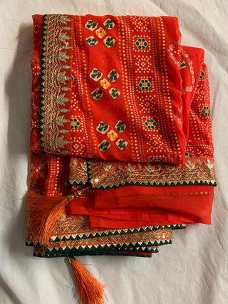 2-3 Days Delivery! Ethinic Georgette Orange Saree with bandhani Print And gotta pati Lace border, ItemCode-997894676