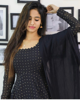 georgette-slim-fit-kurti-duptta-set-with-foil-print-work-black-1