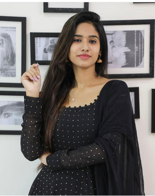 georgette-slim-fit-kurti-duptta-set-with-foil-print-work-black-2