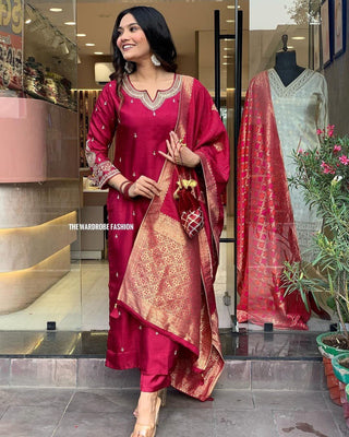 heavy-banana-chanderi-silk-kurti-pant-dupatta-suit-set-with-hand-embroidery-zari-weaving-work-color-maroon-1