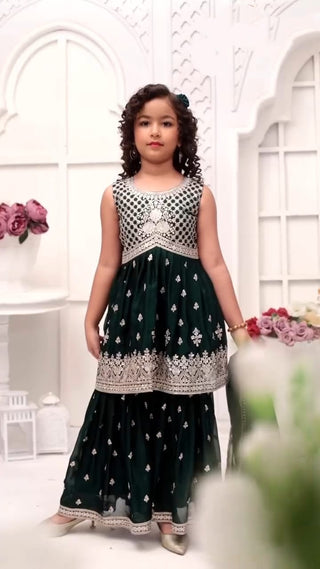 heavy-chinon-silk-girls-top-palazzo-dupatta-set-with-embroidery-sequence-work-color-bottle-green
