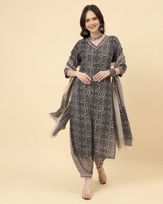 heavy-cotton-salwar-bottom-dupatta-set-with-print-work-black