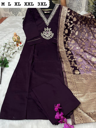 heavy-pure-muslin-viscose-kurti-pant-dupatta-set-with-hand-embroidery-jacquard-work-color-purple-1