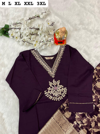 heavy-pure-muslin-viscose-kurti-pant-dupatta-set-with-hand-embroidery-jacquard-work-color-purple-2