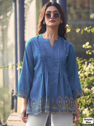 heavy-rayon-slub-short-length-kurti-with-embroidery-cut-work-color-blue