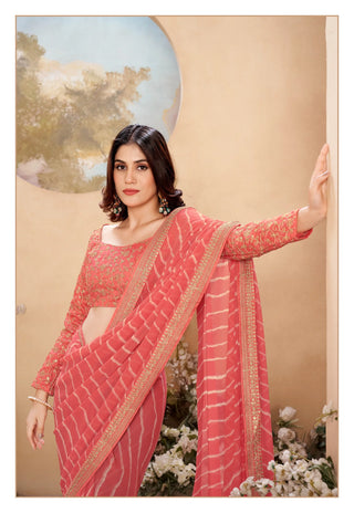 2-4 Days Delivery! Georgette Lehariya Print Saree Embroidery Border with Embroidery Blouse, Listing ID: 9661656170778