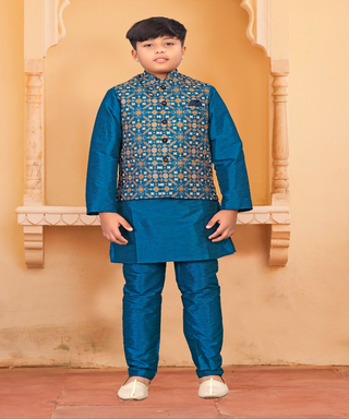 2-3 Days Delivery! Boys Silk Kurta & Pyjamas With Nehru Coat jute Printed, Item Code-BSRP492900656