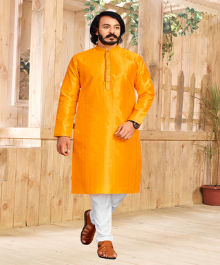 Gents Orange color Jacquard self Design Kurta And Pyjama