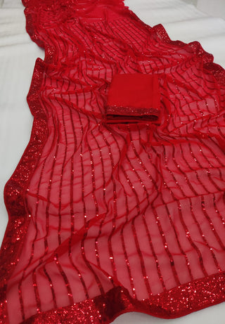 Varman Indian Sequence Saree for  Women Party Wear Sequin Sarees Sequins Embroidery Lace with Piping Fully Stitched Blouse, Listing ID: 9355785896218