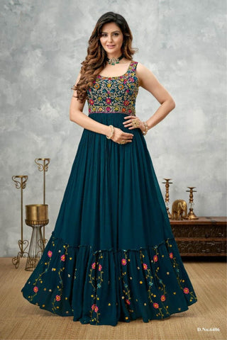 2-3 Days Delivery! Dresses For Women Party Wear Gown Kurtis Suit Georgette with Embroidery Work Traditional Blue Color, Listing ID: 8957746282778
