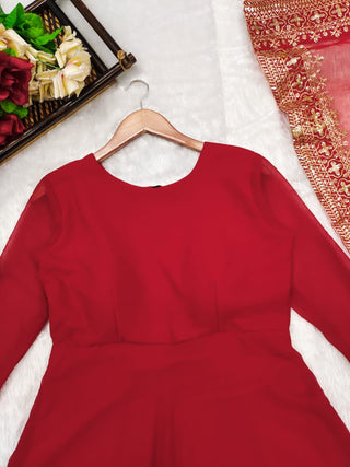 Ship From India! Varman Dresses For Women Party Wear Gown Kurtis Suit Georgette with Canva Patta at Neckline Red Color, Listing ID: PRE8934156173594