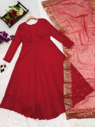 Ship From India! Varman Dresses For Women Party Wear Gown Kurtis Suit Georgette with Canva Patta at Neckline Red Color, Listing ID: PRE8934156173594