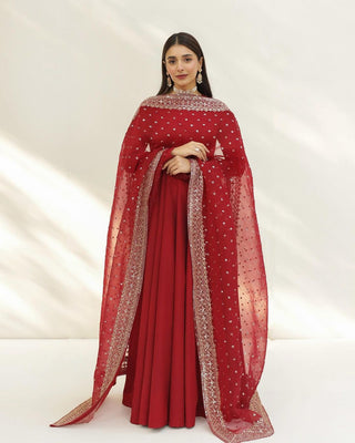 Ship From India! Varman Dresses For Women Party Wear Gown Kurtis Suit Georgette with Canva Patta at Neckline Red Color, Listing ID: PRE8934156173594