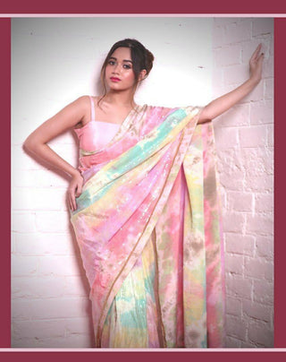 Ship From India! Varman Traditional Indian Saree for Women Ready to Wear Saree Georgette with Embroidery Sequins and Viscos Thread  Party Wear Multi Color Fully Stitched Blouse, Listing ID: PRE8953080873242