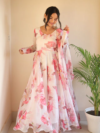 Ship From India! Organza Taby Silk Heavy Quality Fabric With Digital Print Gown, Full Sleeve, Listing ID: PRE8971799134490