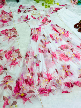 Ship From India! Organza Taby Silk Heavy Quality Fabric With Digital Print Gown, Full Sleeve, Listing ID: PRE8971799134490