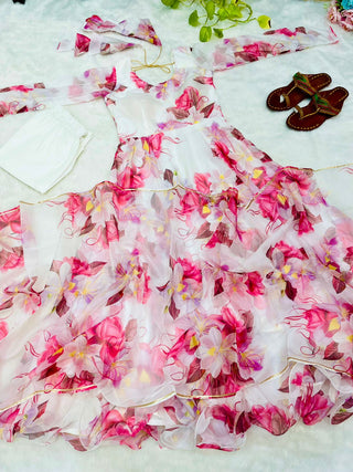 Ship From India! Organza Taby Silk Heavy Quality Fabric With Digital Print Gown, Full Sleeve, Listing ID: PRE8971799134490