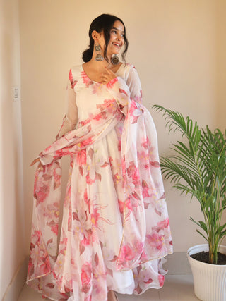 Ship From India! Organza Taby Silk Heavy Quality Fabric With Digital Print Gown, Full Sleeve, Listing ID: PRE8971799134490