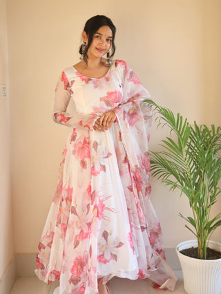 Ship From India! Organza Taby Silk Heavy Quality Fabric With Digital Print Gown, Full Sleeve, Listing ID: PRE8971799134490