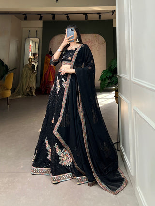Ship From India! Varman Lehenga For Women Ready To Wear Lehenga Choli Georgette Sequins, Thread Embroidery Party Wear Black Color Fully Stitched Blouse, Listing ID: PRE8944241246490