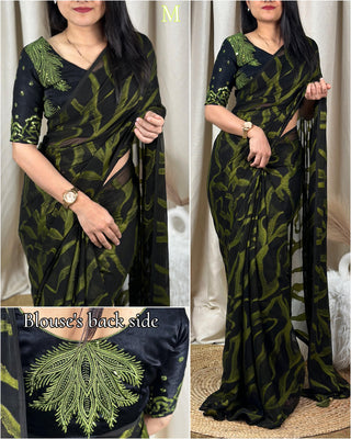 Ship From India! Varman Traditional Indian Saree for Women Ready to Wear Saree Bamber Brasso Velvet Sequins Party Wear Fully Stitched Blouse, Listing ID: PRE8951758225690