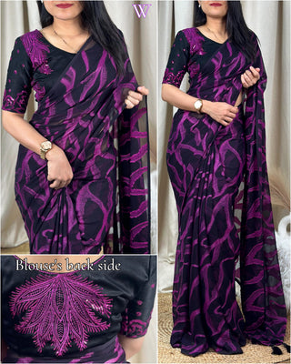 Ship From India! Varman Traditional Indian Saree for Women Ready to Wear Saree Bamber Brasso Velvet Sequins Party Wear Fully Stitched Blouse, Listing ID: PRE8951758225690
