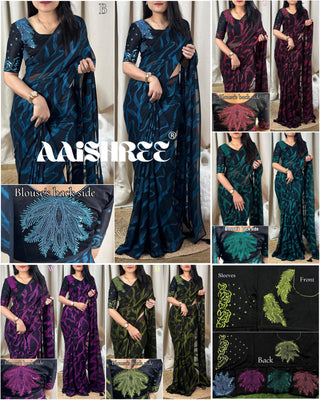 Ship From India! Varman Traditional Indian Saree for Women Ready to Wear Saree Bamber Brasso Velvet Sequins Party Wear Fully Stitched Blouse, Listing ID: PRE8951758225690